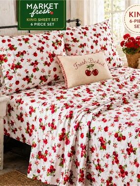 Cherry Print King Sheets Cottagecore Farmhouse Market Fresh NWT 6 Pc Set